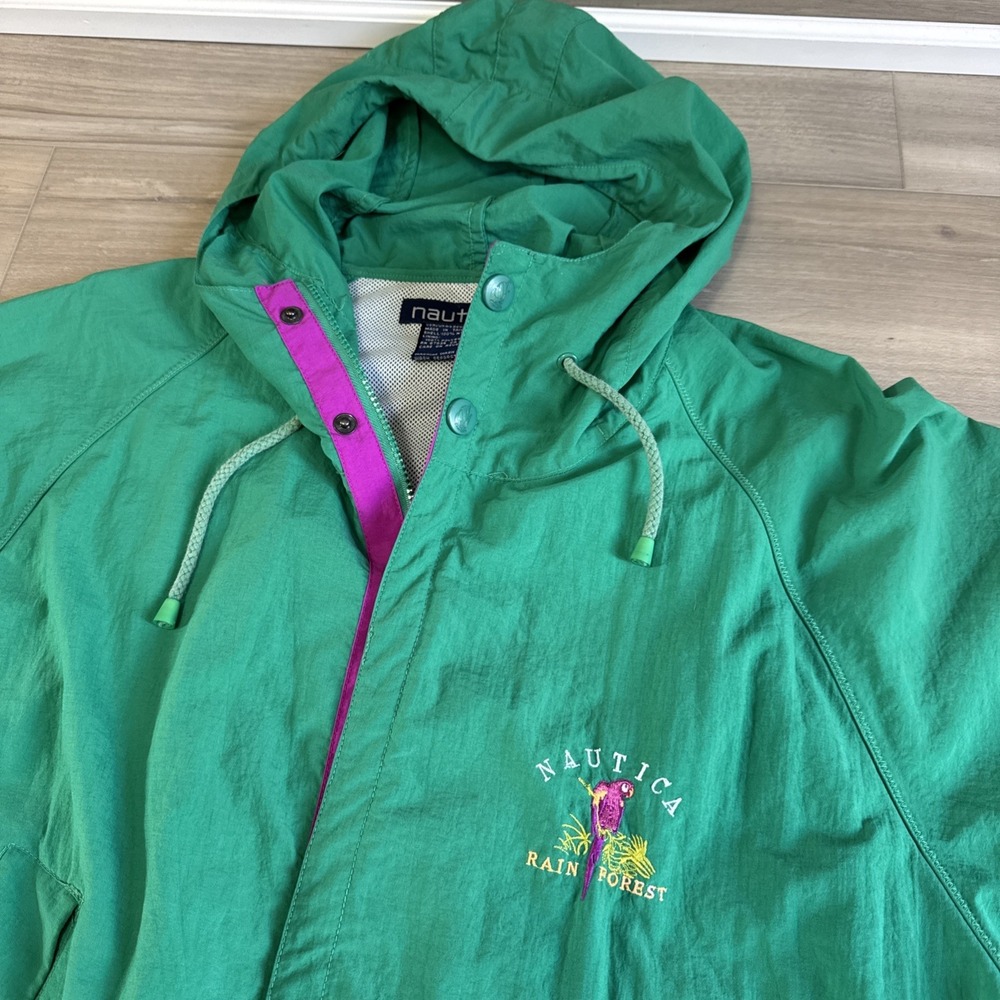 Vintage Nautica Rain Forest Parrot Rain Jacket Hooded Men's Sz L Made Taiwan